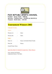 FIJI ROTUMA SPORTS COUNCIL President – George Atalifo – [removed]Secretary – Feaserue Kafoa – [removed]w[removed]h) Treasurer – Berlin Kafoa[removed]Tournament Winners 2002