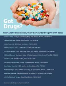 Got Drugs? PERMANENT Prescription/Over-the-Counter Drug Drop Off Boxes Canisius College - Lobby of Public Safety Bldg., 2001 Main St., Buffalo, [removed]Clarence Town Hall - 1 Town Place, Clarence, [removed]Colde