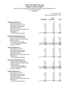 TOBACCO SETTLEMENT TRUST FUND FINANCIAL OUTLOOK STATEMENT Including FY[removed]Actual Revenues and Updated Transfers from Lawton Chiles Endowment Fund FY[removed]through FY[removed] ($ MILLIONS) DATE: August 6, 2013