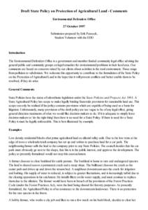 Draft State Policy on Protection of Agricultural Land - Comments Environmental Defenders Office 27 October 1997 Submission prepared by Erik Peacock, Student Volunteer with the EDO