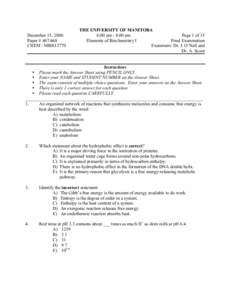 December 15, 2006 Paper # [removed]CHEM / MBIO 2770 THE UNIVERSITY OF MANITOBA 6:00 pm - 8:00 pm