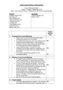 HONG KONG NETBALL ASSOCIATION Council Meeting Minutes 7:30pm, Tuesday 7 September 2010 Room 1016, Olympic House, 1 Stadium Path, So Kon Po, Causeway Bay Present Veronica Arnold (VA)