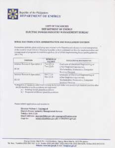 Republicof the Philippines  DEPARTMENTOF ENERGY LIST OF VACANCIES DEPARTMENTOF ENERGY ELECTRIC