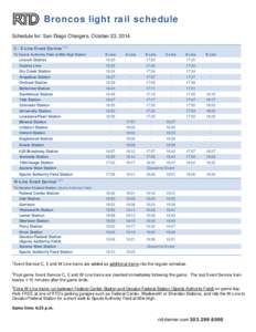 Broncos light rail schedule Schedule for: San Diego Chargers, October 23, 2014 C / E-Line Event Service1,2,3 To Sports Authority Field at Mile High Station  E-Line