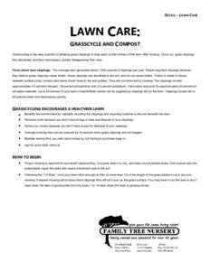 RETAIL – LAWN CARE  LAWN CARE: GRASSCYCLE AND COMPOST Grasscycling is the easy practice of allowing grass clippings to drop back on the surface of the lawn after mowing. Once cut, grass clippings first dehydrate, and t