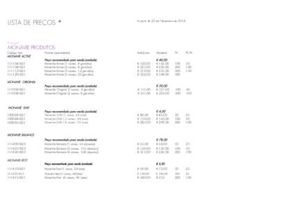 LISTA DE PREÇOS *  A partir de 25 de Novembro de 2014 Portugal