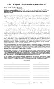 Carta a la Suprema Corte de Justicia de la Nación (SCJN). Ministro Juan N. Silva Meza. Presidente. Ministros de la Segunda Sala: Sergio Armando Valls Hernández, Luis, Luis María Aguilar Morales, Sergio Salvador Aguirr