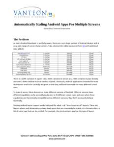 Automatically Scaling Android Apps For Multiple Screens Aaron Sher, Vanteon Corporation The Problem As every Android developer is painfully aware, there are a very large number of Android devices with a very wide range o