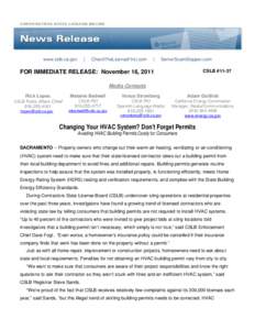 News Release: Changing Your HVAC System? Don’t Forget Permits dated November 16, 2011