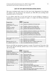 LIST OF NON-RENEWED REGISTRATIONS - APVMA Gazette 8, 6 August 2002