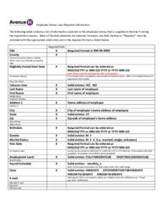 Employee Census Load Required Information The following table contains a list of information captured in the employee census that is supplied to Avenue H during the registration process. Most of the data elements are opt