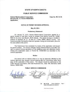 STATE OF NORTH DAKOTA PUBLIC SERVICE COMMISSION Dakota Westmoreland Corporation Revision No. 27, Permit KRSB-8603 Application