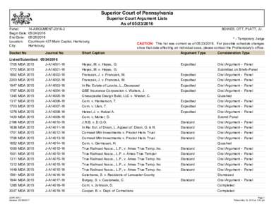 Superior Court of Pennsylvania Superior Court Argument Lists As ofPanel: Begin Date: End Date: