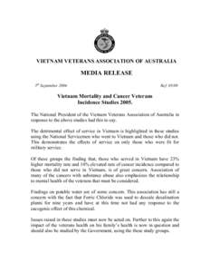 VIETNAM VETERANS ASSOCIATION OF AUSTRALIA  MEDIA RELEASE 5th September[removed]Ref: 05/09