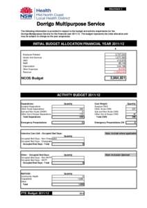 Attachment 2  Dorrigo Multipurpose Service The following information is provided in respect to the budget and activity requirments for the Dorrigo Multipurpose Service for the financial year[removed]The budget represent