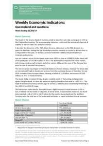 Weekly Economic Indicators: Queensland and Australia Week Ending[removed]Market Summary The Board of the Reserve Bank of Australia voted to leave the cash rate unchanged at 2.5% at their September meeting. The accompany