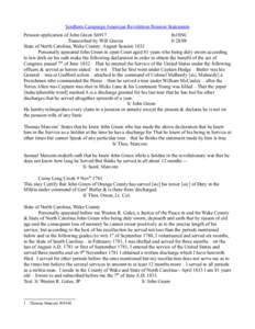 Southern Campaign American Revolution Pension Statements Pension application of John Green S6917 fn18NC Transcribed by Will Graves[removed]State of North Carolina, Wake County: August Session 1832