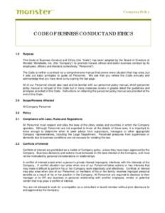 Company Policy  CODE OF BUSINESS CONDUCT AND ETHICS 1.0