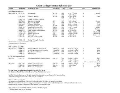 Union College Summer Schedule 2014 Dates Number  Course Name