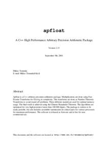 apfloat A C++ High Performance Arbitrary Precision Arithmetic Package Version 2.33 September 9th, 2001