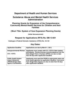 Department of Health and Human Services Substance Abuse and Mental Health Services Administration Planning Grants for Expansion of the Comprehensive Community Mental Health Services for Children and their Families