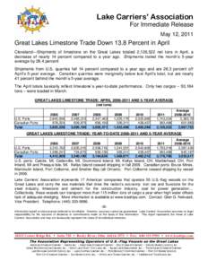 Lake Carriers’ Association For Immediate Release May 12, 2011 Great Lakes Limestone Trade Down 13.8 Percent in April Cleveland---Shipments of limestone on the Great Lakes totaled 2,126,522 net tons in April, a