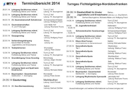 Terminübersicht[removed]Turngau Fichtelgebirge-Nordoberfranken[removed]Lehrgang Gerätturnen männl. Fortbildung Aktive und Trainer