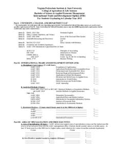 Virginia Polytechnic Institute & State University College of Agriculture & Life Sciences Bachelor of Science in Applied Economic Management International Trade and Development Option (ITD) For Students Graduating in Cale