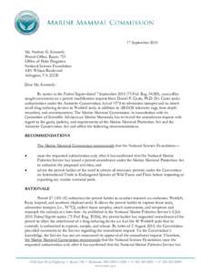 17 September 2010 Ms. Nadene G. Kennedy Permit Office, Room 755 Office of Polar Programs National Science Foundation 4201 Wilson Boulevard