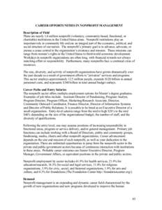 CAREER OPPORTUNITIES IN NONPROFIT MANAGEMENT Description of Field There are nearly 1.4 million nonprofit (voluntary, community-based, functional, or charitable) institutions in the United States alone. Nonprofit institut