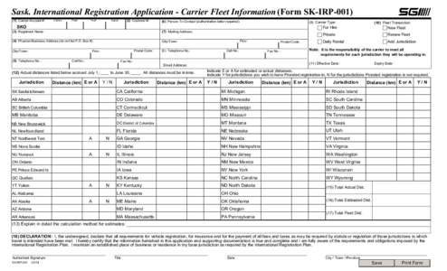 Sask. International Registration Application - Carrier Fleet Information (Form SK-IRP[removed]Carrier Account #: Carrier  Fleet