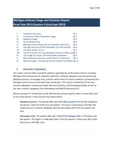 Page 1 of 13  Michigan eLibrary Usage and Statistics Report Fiscal Year 2013 Quarter 4 (July-Sept[removed]I. II.