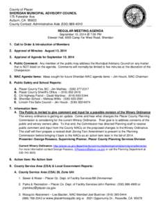 County of Placer SHERIDAN MUNICIPAL ADVISORY COUNCIL 175 Fulweiler Ave Auburn, CA[removed]County Contact: Administrative Aide[removed]REGULAR MEETING AGENDA