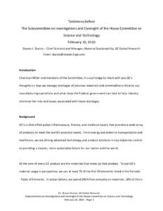 Testimony before   The Subcommittee on Investigations and Oversight of the House Committee on  Science and Technology   February 10, 2010  Steven J. Duclos – Chief Scientist and Manager, Ma