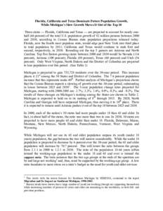 Florida, California and Texas Dominate Future Population Growth, While Michigan’s Slow Growth Moves It Out of the Top 10 Three states — Florida, California and Texas — are projected to account for nearly onehalf (4