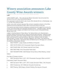 Winery association announces 2013 Lake County Wine Awards winners
