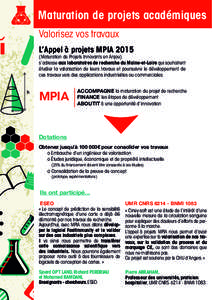 Maturation de projets académiques Valorisez vos travaux L’Appel à projets MPIAMaturation de Projets Innovants en Anjou) s’adresse aux laboratoires de recherche du Maine-et-Loire qui souhaitent