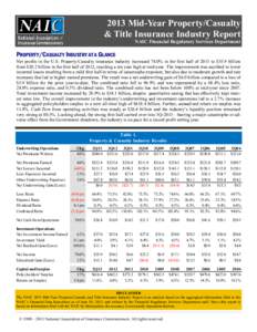 2013 Mid-Year Property/Casualty & Title Insurance Industry Report NAIC Financial Regulatory Services Department PROPERTY/CASUALTY INDUSTRY AT A GLANCE Net profits in the U.S. Property/Casualty insurance industry increase