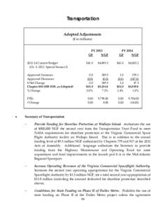 Tra nsporta tion Adopted Adjustments ($ in millions) FY 2013 GF