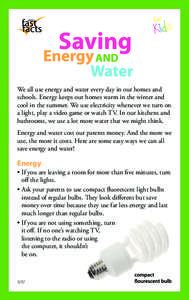 We all use energy and water every day in our homes and schools. Energy keeps our homes warm in the winter and cool in the summer. We use electricity whenever we turn on a light, play a video game or watch TV. In our kitc