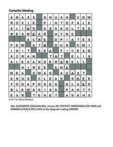 44A: ALEXANDER (GRAHAM) BELL crosses 9D: STAYPUFT (MARSHMALLOW) MAN and GERMAN (CHOCOLATE) CAKE on the diagonal, making SMORES. 