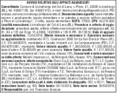 AVVISO RELATIVO AGLI APPALTI AGGIUDICATI Committente: Comune di Livinallongo del Col di Lana, v. Pieve, 41, 32020 Livinallongo (BL), tel: , fax: ), e-mail: , PEC sinda