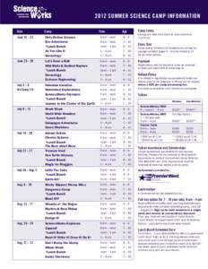 2012 SUMMER SCIENCE CAMP INFORMATION Camp June 18 – 22  Dirty Rotten Science
