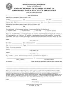 Illinois Department of Public Health Division of Vital Records SURVIVING RELATIVES OF DECEASED ADOPTED OR SURRENDERED PERSON REGISTRATION IDENTIFICATION (Enter all known information)