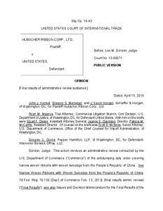 Slip Op[removed]UNITED STATES COURT OF INTERNATIONAL TRADE HUBSCHER RIBBON CORP., LTD., Plaintiff, Before: Leo M. Gordon, Judge v.