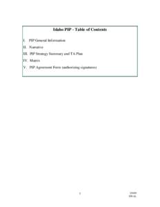 Idaho PIP - Table of Contents I. PIP General Information II. Narrative III. PIP Strategy Summary and TA Plan IV. Matrix V. PIP Agreement Form (authorizing signatures)