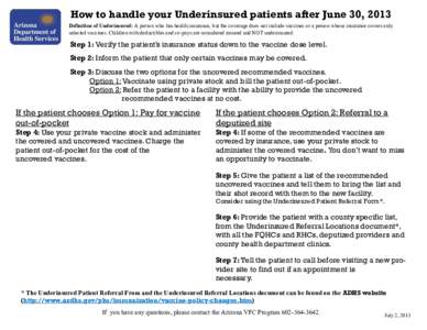 How to handle your Underinsured patients after June 30, 2013 Definition of Underinsured: A person who has health insurance, but the coverage does not include vaccines or a person whose insurance covers only selected vacc