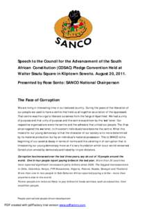 Speech to the Council for the Advancement of the South African Constitution (COSAC) Pledge Convention Held at Walter Sisulu Square in Kliptown Soweto. August 20, 2011. Presented by Rose Sonto: SANCO National Chairperson 