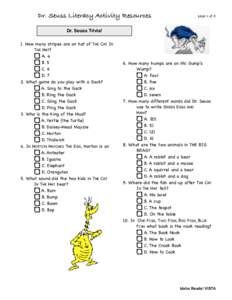 Dr. Seuss Literacy Activity Resources  page 1 of 5 Dr. Seuss Trivia! 1. How many stripes are on hat of THE CAT IN