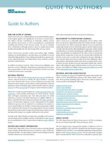 g u i d e to au t h o r s Guide to Authors AIMS AND SCOPE OF JOURNAL Nature Neuroscience is a multidisciplinary journal that publishes papers of the highest quality and significance in all areas of n ­ euroscience.